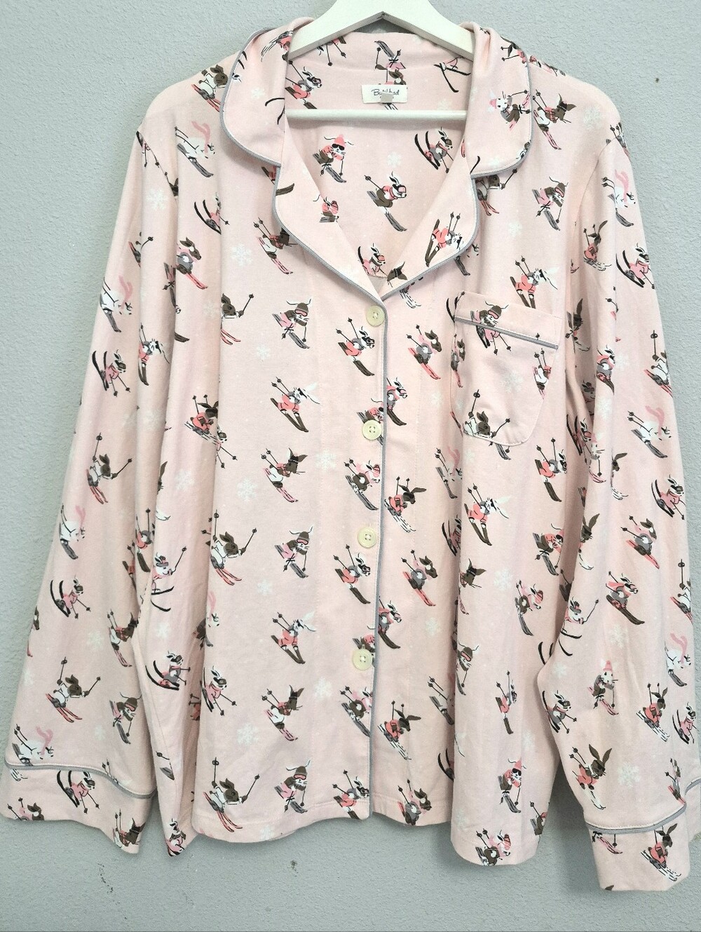 Bed Head Ski Bunnies Organic Cotton Knit Pajama Button Front Top Pink XL